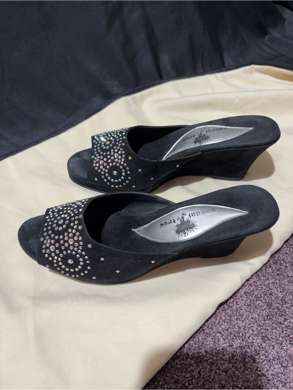 Black Suede Open-Toe Wedge Mules with Crystal Accent